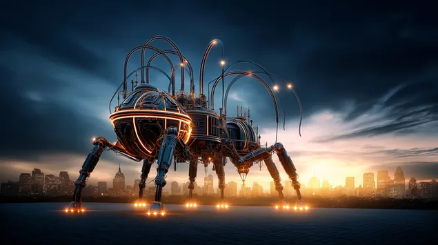 夕暮れの街に近づく巨大なバイオメカニクス昆虫 2K 壁紙
