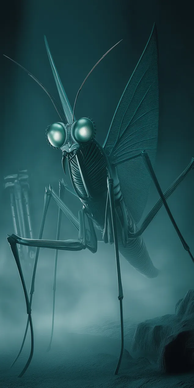 prezemete dzhinovski biomekhanichki bogomolka vo magliv nauchnofantastichen pejzazh