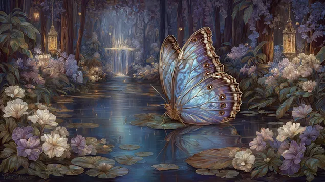 魔法森林池塘睡莲叶上的巨型蝴蝶 2K 壁纸