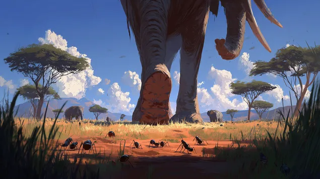 Elefante gigante y pequeñas hormigas en un paisaje de sabana al atardecer 2K fondo de pantalla