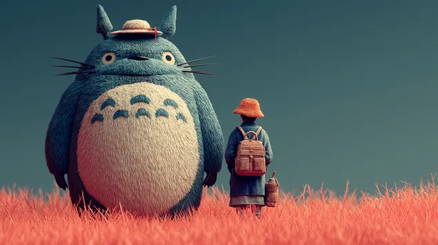 Totoro gjigant në stilin Ghibli dhe një fëmijë në një fushë me bar të kuq 2K sfond