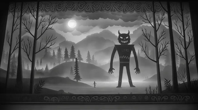 יצור ענק בעל קרניים באגם ערפילי עם ירח מלא 2K טפט