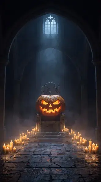 Giant Jack O Lantern Throne in a Dark Castle Hall Glowing on Halloween Night 4K wallpaper