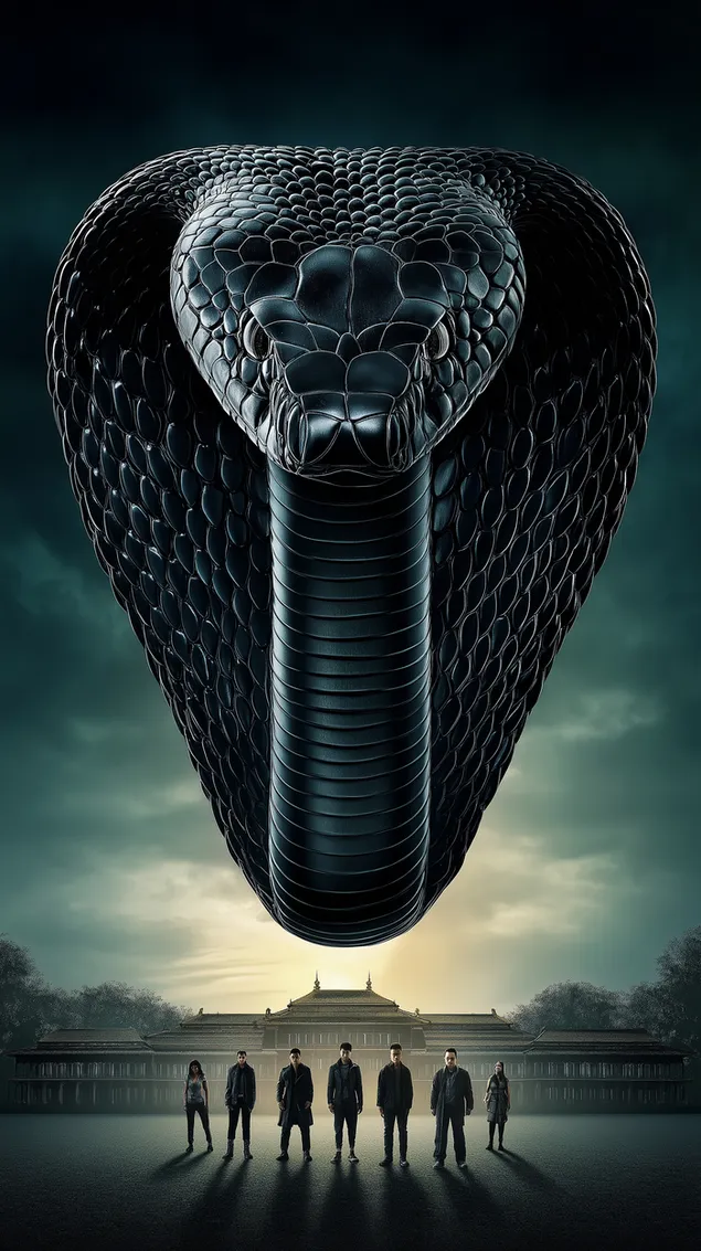 תצוגת פוסטר קולנועית של קוברה ענקית עם ראש מעל אנשים HD טפט