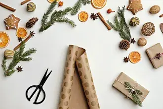 Gift wrapping for holidays with natural Christmas decors 6K wallpaper