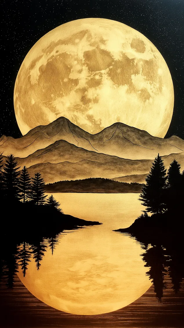 giganticky uplnek nad horskym jezerem, silueta borovice stahnout