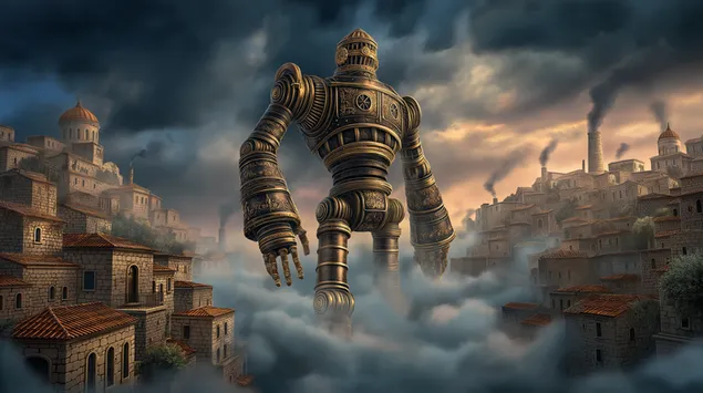 jattimainen steampunk-robotti kohoaa vanhan kaupungin ylle lataa
