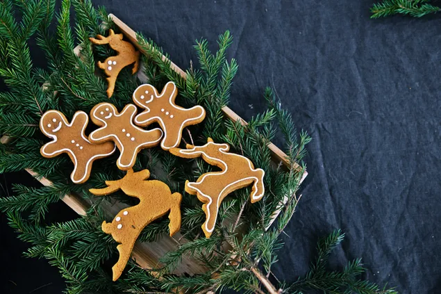 Gingerbread Men and Reindeer cookies in a tray with Pine tree branch