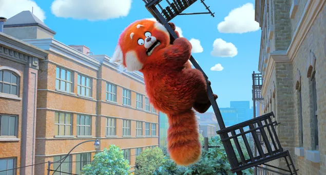 Girando el personaje de la película animada roja panda rojo en la escalera de incendios