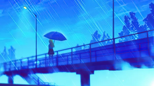 gadis melintasi jembatan di hari hujan lebat unduhan