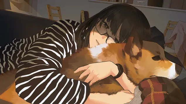 Chica Abrazando Perro Corgi 4K fondo de pantalla