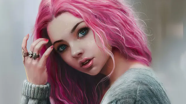 Girl in different accessories drawn in style with blue eyes and pink hair