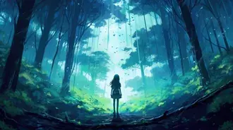 숲속에서 혼자 길을 잃은 소녀 4K 배경화면