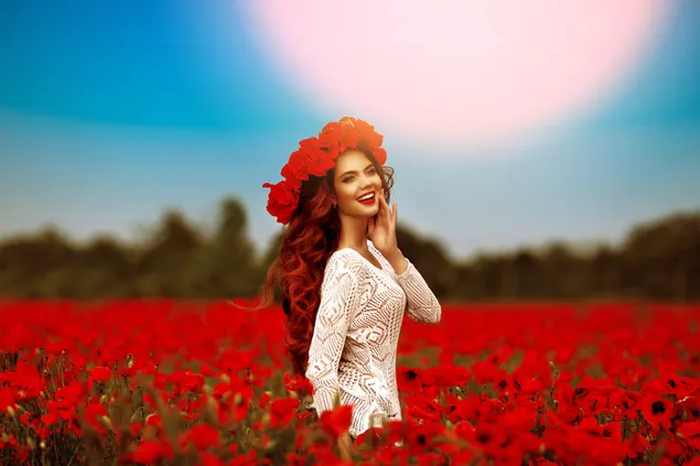 Girl On A red flower garden 4K wallpaper