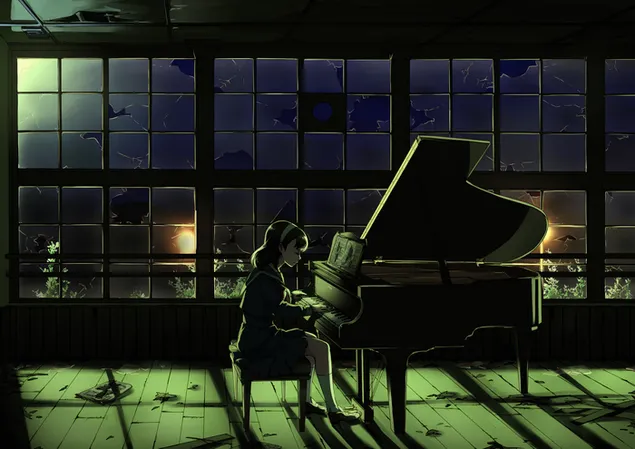 Girl playing the piano 2K wallpaper
