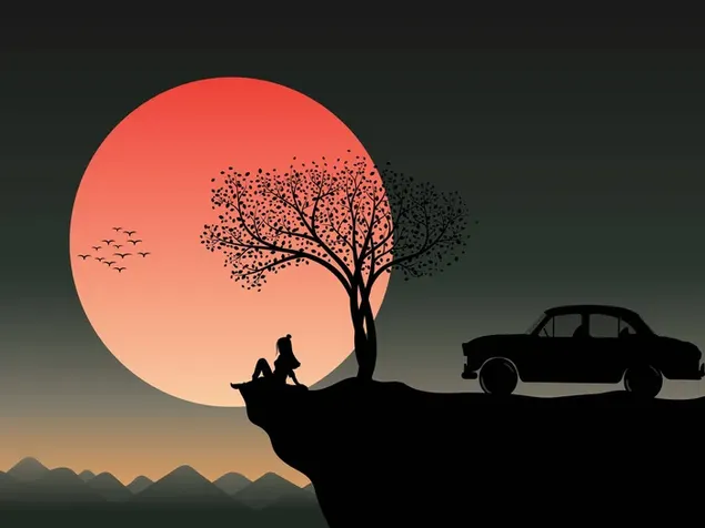 坐在公园满月景和剪影车旁的女孩 4K 壁纸