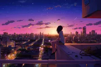 chica sentada en la cima de la ciudad frente al atardecer descargar