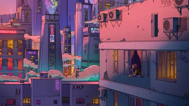 Девушка курит и смотрит в сторону из своего окна 4K обои