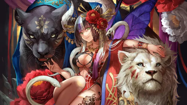 Lány Megszelídített Fekete Párduc és Fehér Oroszlán 4K háttérkép