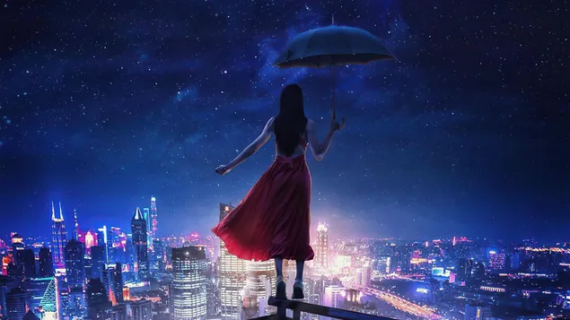 Девојка покушава да лети са кишобраном 4K позадина