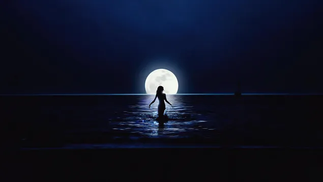 Meisje dat naar de maan in de oceaan loopt download