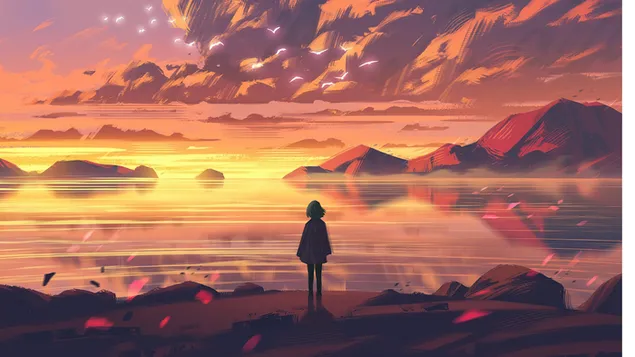 Момиче, гледащо природата вечер само 4K тапет