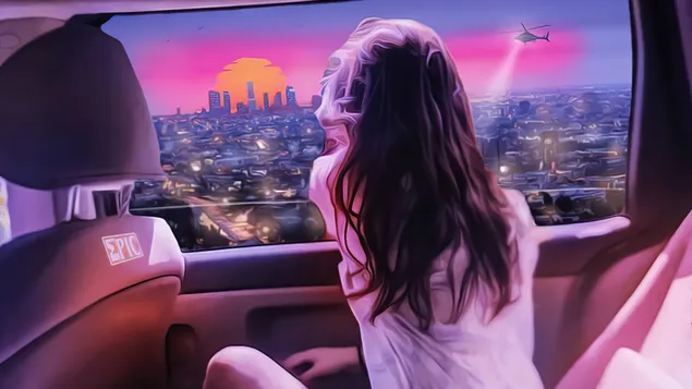 เด็กผู้หญิงกำลังดูธรรมชาติพระอาทิตย์ตกจากรถของเธอ 4K วอลเปเปอร์