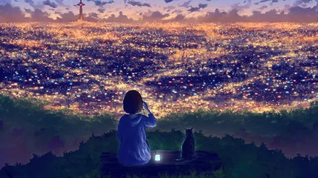 Girl watching night scenery with cat