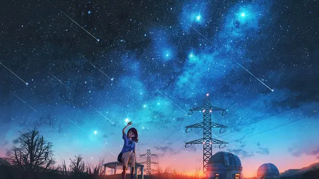 Girl watching shooting stars 4K wallpaper