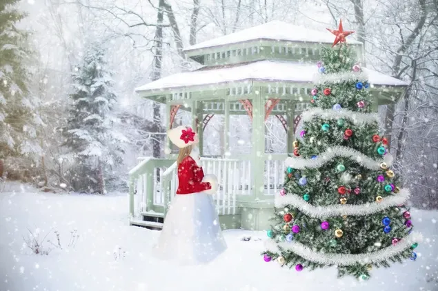 Girl with Christmas dress & tree download