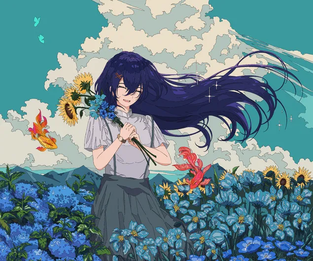 Girl with long blue hair in a field of flowers 2K wallpaper