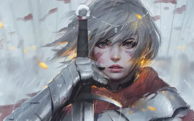 Pandangan wanita anime cantik dengan pakaian perisai kelabu memegang pedang 2K kertas dinding