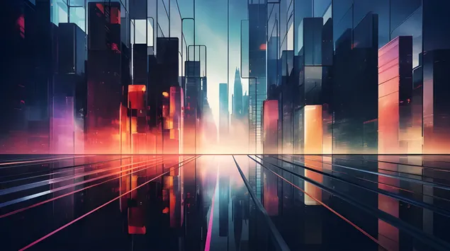 Horizontet e qelqit: Shtigjet e ndriçuara përmes një peizazhi futuristik të qytetit 8K sfond