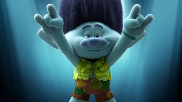 Glatthaariger blauer Charakter, der eine Handbewegung aus dem Animationsfilm Trolls World Tour Musical macht