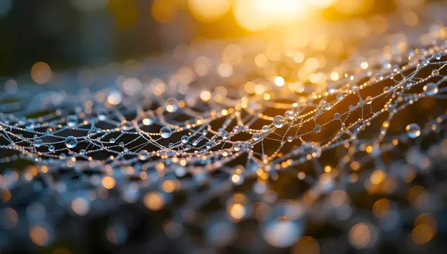 Lśniąca pajęczyna z kroplami rosy na tle bokeh wschodzącego słońca 4K tapeta