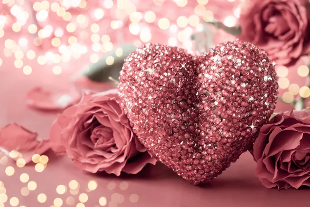 Glitterhart met roze rozen en bokehlichten