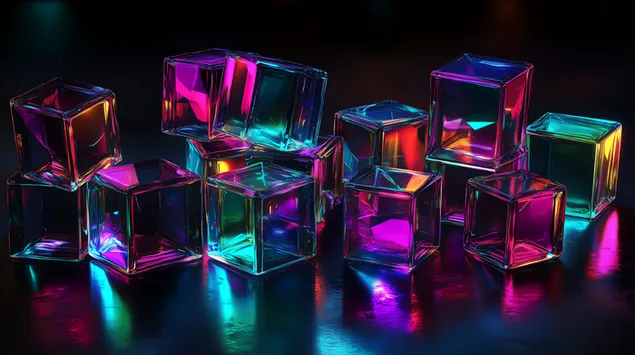 Švytintys 3D neoninio atspalvio stiklo blokeliai 4K ekrano užsklanda