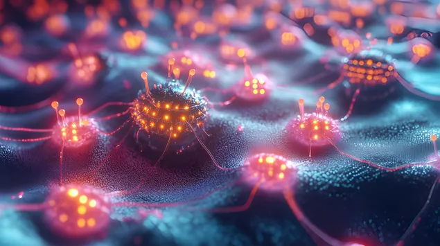 Gloeiende kunsmatige weefsel met nanotegnologie-bots in aksie 8K muurpapier