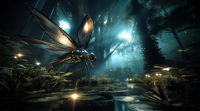 hohtava biomekaaninen sudenkorento mystisessa metsalammikossa lataa