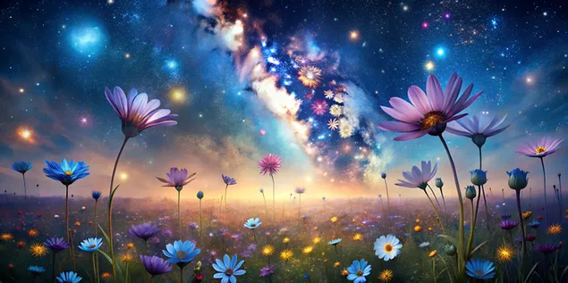 별이 빛나는 성운 장면 속 빛나는 우주 꽃 정원 4K 배경화면