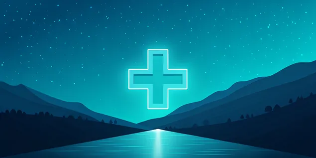 Glödande cyan korssymbol lyser upp fridfullt bergslandskap under stjärnklar natthimmel 4K bakgrund