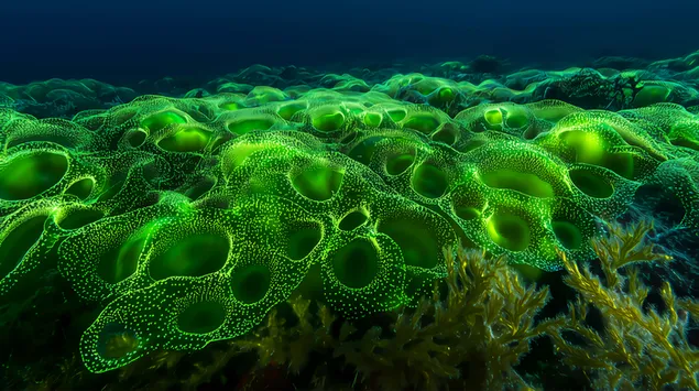 Hình nền Tảo Dunaliella Salina phát sáng trong cảnh dưới nước sống động 8K