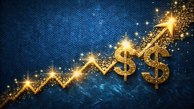 Rrjedha e shkëlqyeshme ari që formon shigjeta dhe shenja dollari në sfond lëkure 4K sfond