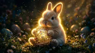 glowing golden easter bunny in dark background with magical light effects