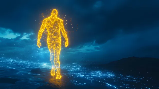 Hình nền Hình người phát sáng chiếu sáng một cảnh quan tối tăm 4K