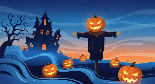 Tanglung Jack-o'-Lantern yang Bercahaya dan Orang-orangan Sawah Menghantui Rumah Agam Seram pada Senja 2K kertas dinding