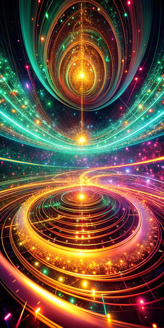 هزارتوی درخشان از مسیرهای نورانی کهربا، زمرد، و فوشیا با ذرات در حال چرخش کاغذدیواری  2K