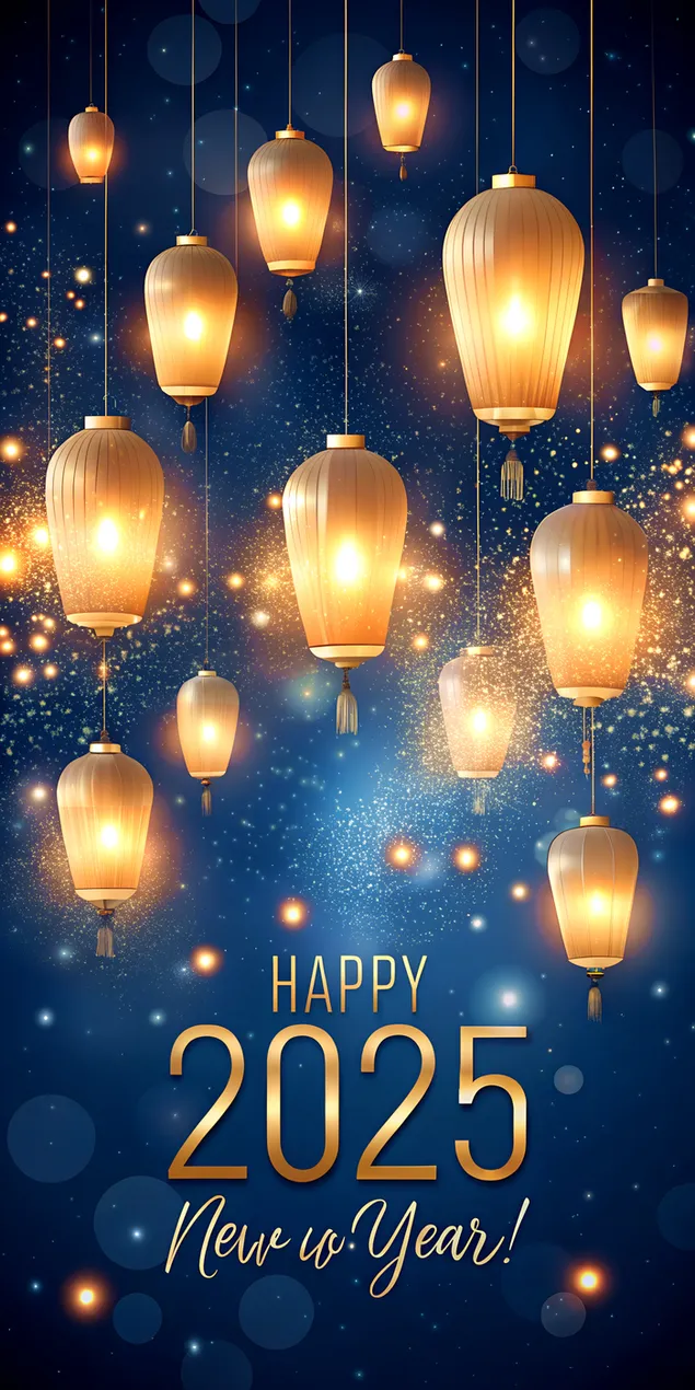 فانوس های درخشان با متن تابناک سال نو مبارک 2025 و درخشش های طلایی کاغذدیواری  2K