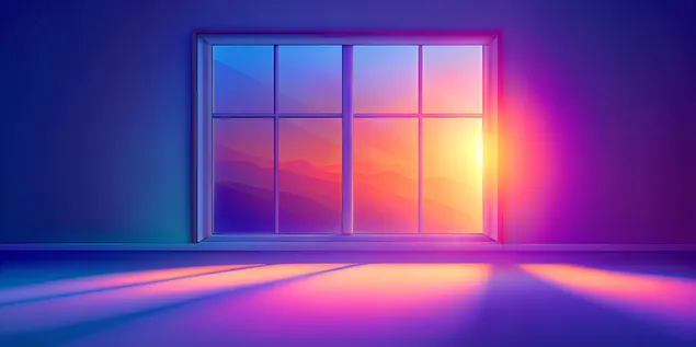 Glödande neonfönsterkontur med mjuka solstrålar på gradientbakgrund 4K bakgrund
