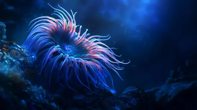 Hình nền Hải quỳ phát sáng với các xúc tu chảy trong ánh sáng xanh 2K